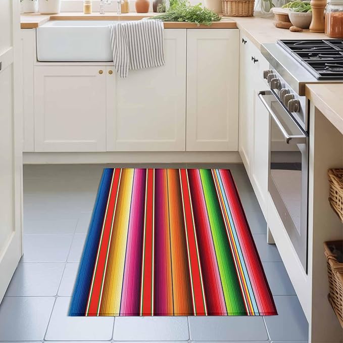 Area Rug 2x3ft, Mexican Stripes Vintage Boho Washable Rugs for Living Room Bedroom, Native American Stripe Soft Non-Slip Area Rugs Rectangle Floor Carpet for Dining Room