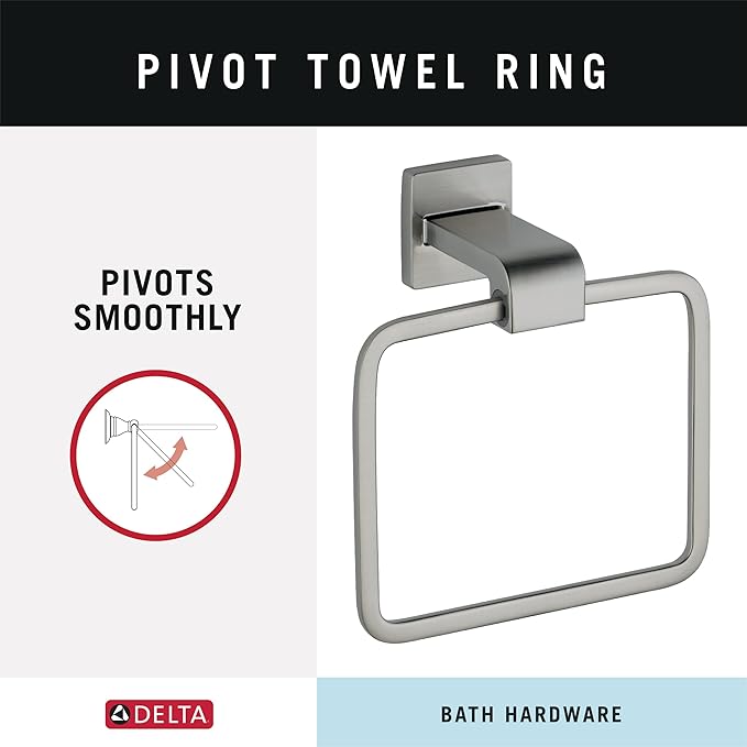 Delta Ara (1-Pack) Hand Towel Holder Brilliance Stainless Steel Towel Racks for Bathroom Wall Square Towel Ring Holder for Bath Towel Hanger for Kitchen, Bathroom Accessories 77546-SS