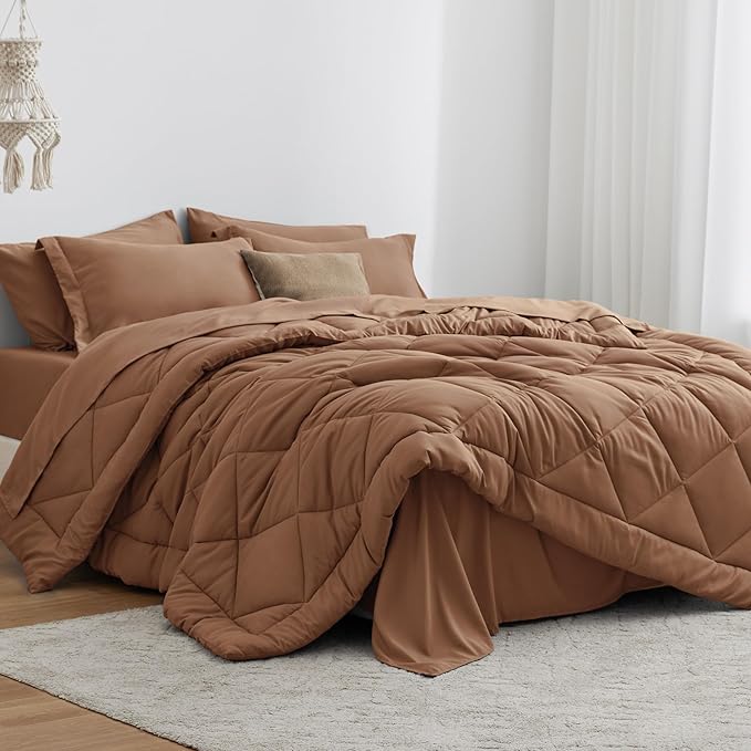 Love's cabin Full Comforter Set Mocha Mousse, 7 Pieces Full Bed in a Bag, All Season Bedding Sets with 1 Comforter, 1 Flat Sheet, 1 Fitted Sheet, 2 Pillowcase and 2 Pillow Sham | Soft, Breathable, Lightweight, Comfortable