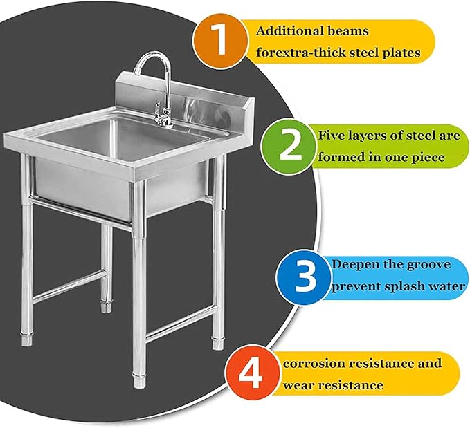 Commercial Stainless Steel Sink Catering Sink 1 Compartment Free Standing Utility Sink for Garage, Restaurant, Kitchen, Laundry Room, Outdoor, Silver, 60cm