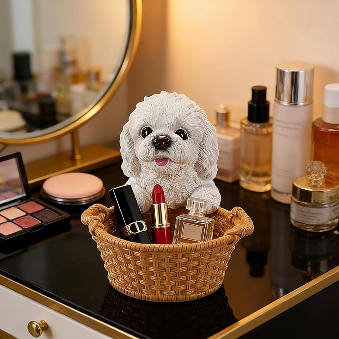 White Poodle Candy Bowl, Resin Dog Figurine Key Bowl for Entryway Table, Desktop Storage Basket Organizer for Desk, Unique Dog Lover Gift