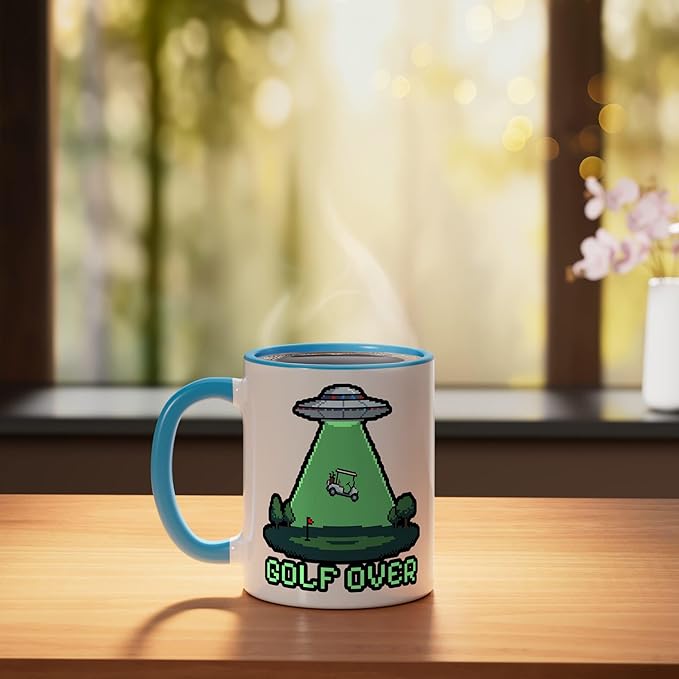 Retro Funny GOLF OVER Pixel Art UFO Abducting Golf-Cart Ceramic Mug, Blue/White