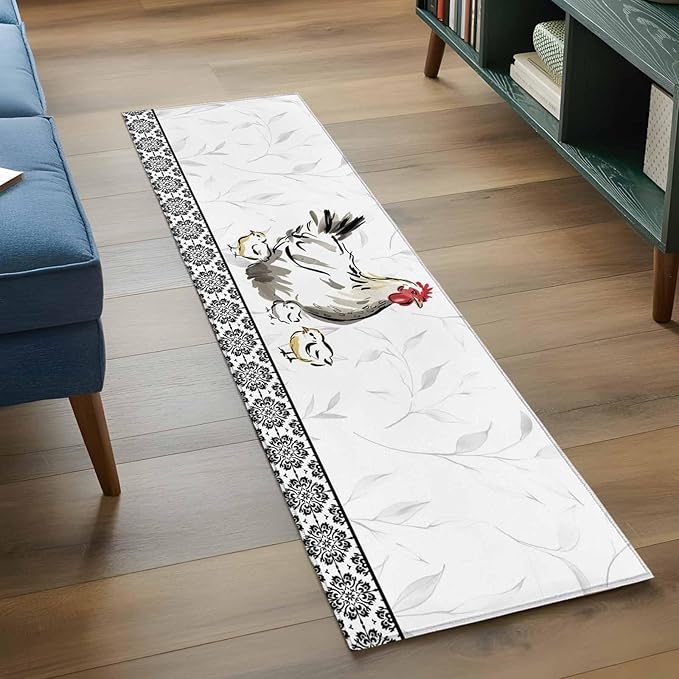 Runner Rug for Bedroom Hallway, Country Farmhouse Rooster Kitchen Runner Rugs Area Rug 2x6ft, Watercolor Animal Flower Pattern Washable Soft Floor Carpet for Entryway Stair