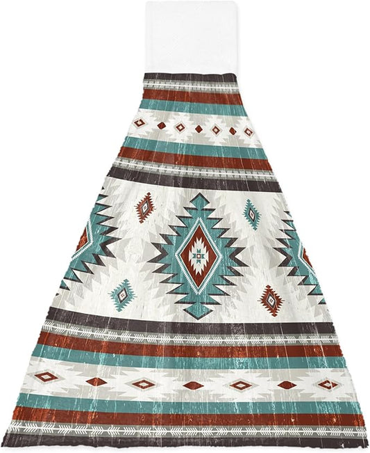 Alandar Home Kitchen Tie Towel Set of 1, Farm Brown Bohemian Aztec Absorbent Soft Hand Towels for Bathroom Hanging Towels, Turquoise Ethnic Wind Fast Drying Cleaning Cloth with Loop