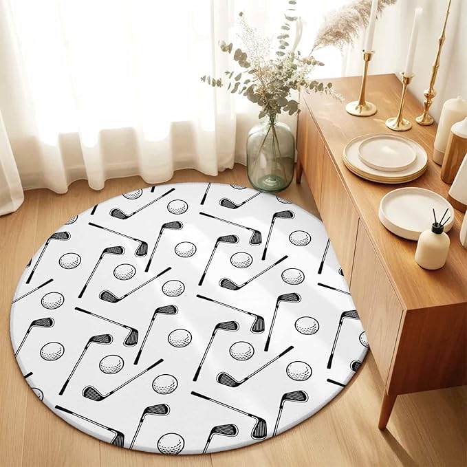 Washable Round Area Rug Golf Club Ball Seamless Pattern Circle Rugs Floor Carpet for Living Room Bedroom, Modern Minimalist Art Soft Non Slip Round Rug 3ft