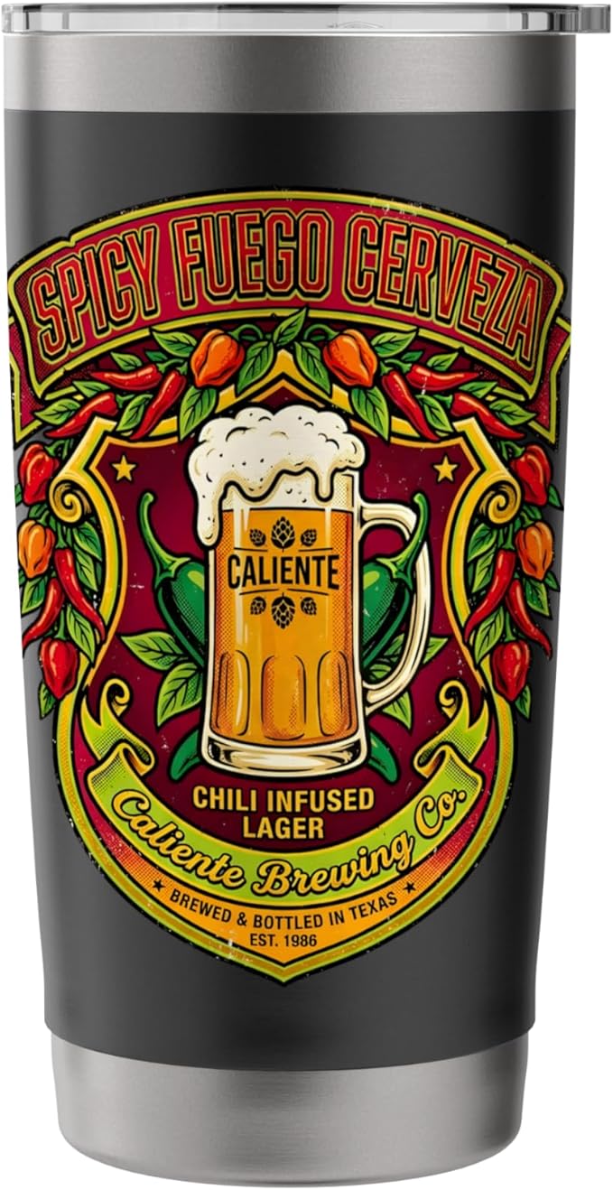 Spicy Fuego Cerveza Chili Texas Drinking Vintage Beer Label Stainless Steel Insulated Tumbler