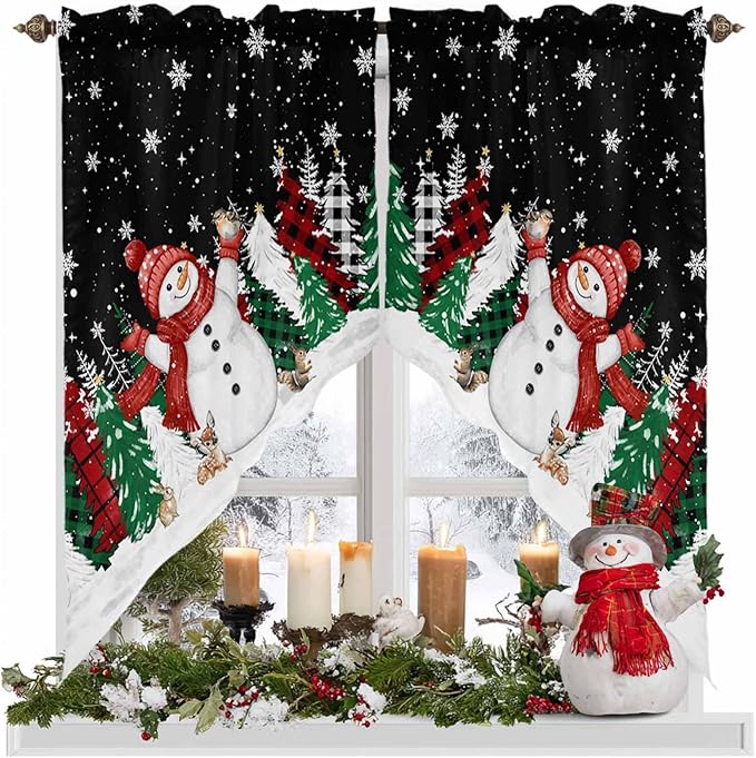 Christmas Snowman Swag Valance Curains Winter Xmas Tree Snowflakes Black Rod Pocket Kitchen Curtains Scalloped Window Treatment Valances Swag for Living Room Bedroom, 1 Pair, 28"W x 36"L