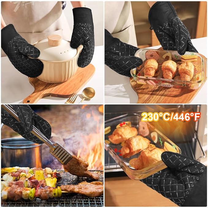 AUAUY Oven Mitts and Pot Holders 4PCS Set, 230°C/446°F Heat Resistant BBQ Gloves, Extra Thicken Long Cotton Oven Mittens, Silicone Stripes Non-Slip Kitchen Mittens for Cooking Baking Grilling