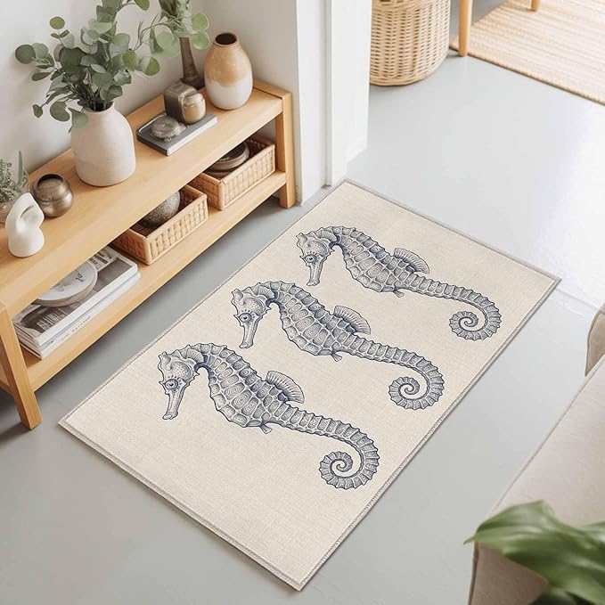 Area Rug 2x3ft, Marine Life Seahorse on Burlap Washable Rugs for Living Room Bedroom, Farmhouse Ocean Theme Soft Non-Slip Area Rugs Rectangle Floor Carpet for Dining Room