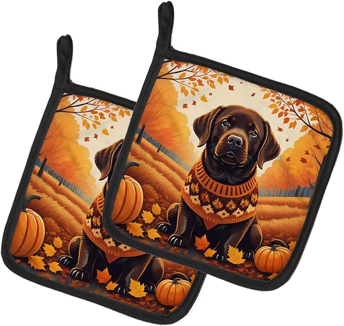 Caroline's Treasures DAC1055PTHD Chocolate Labrador Retriever Fall Pair of Pot Holders Kitchen Heat Resistant Pot Holders Sets Oven Hot Pads for Cooking Baking BBQ, 7 1/2 x 7 1/2