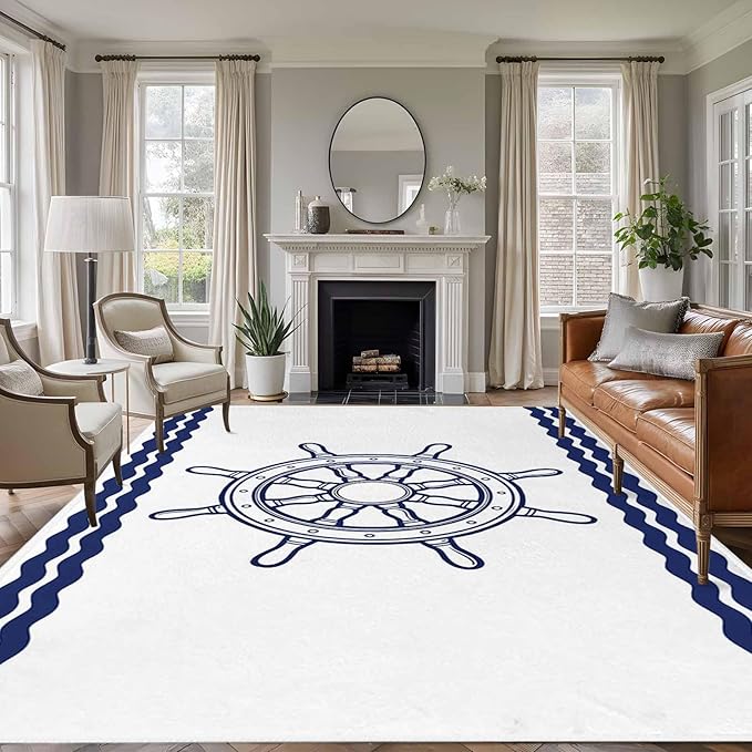 Area Rug 8x10ft, Summer Marine Nautical Ship Rudder Washable Rugs for Living Room Bedroom, Ocean Theme Navy Blue White Soft Non-Slip Area Rugs Rectangle Floor Carpet for Dining Room