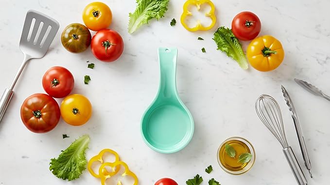 Reston Lloyd Kitchen Counter Utensil Spoon Rest, Ladles, Spaghetti Forks, & Spatulas, Durable BPA-Free Plastic – Dishwasher Safe, Décor, Space Saving Hanging Hole on Handle, Aqua