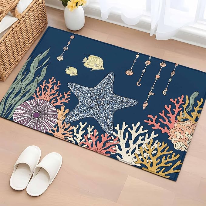 Area Rug 2x3ft, Ocean Starfish Coral Fish Washable Rugs for Living Room Bedroom, Underwater Creature on Navy Blue Soft Non-Slip Area Rugs Rectangle Floor Carpet for Dining Room