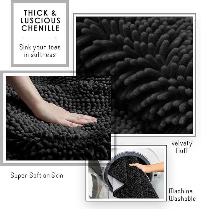 Clara Clark Black Shower Curtain Set with Rugs - Bathroom Sets with Shower Curtain and Rugs, Fabric Shower Curtains and 2 Bath Mats, Modern Bathroom Shower and Curtain Sets for Tub Or Stall
