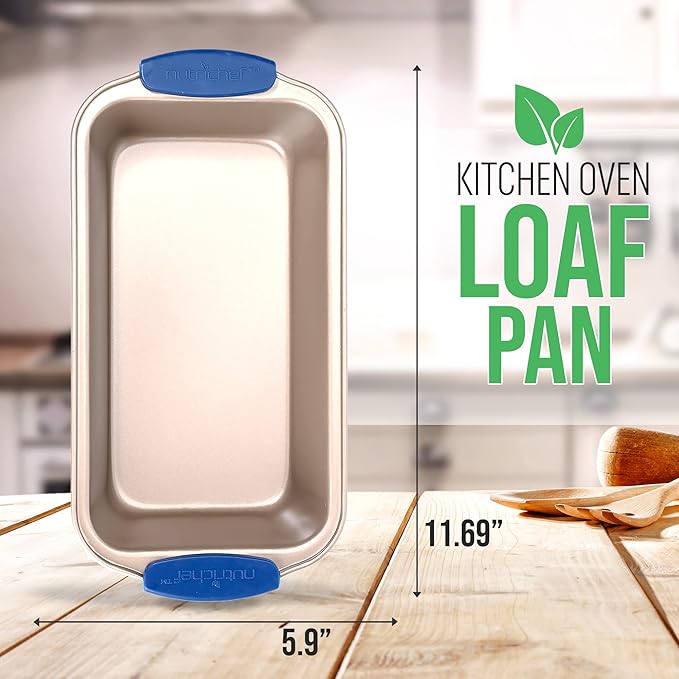 Non Stick Loaf Baking Pan, Deluxe Gold Carbon Steel Pan with Blue Silicone Handles, Quality Metal Bakeware For Cooking & Baking Cake Loaf, Muffins & More, Compatible with Model NCSBSG36