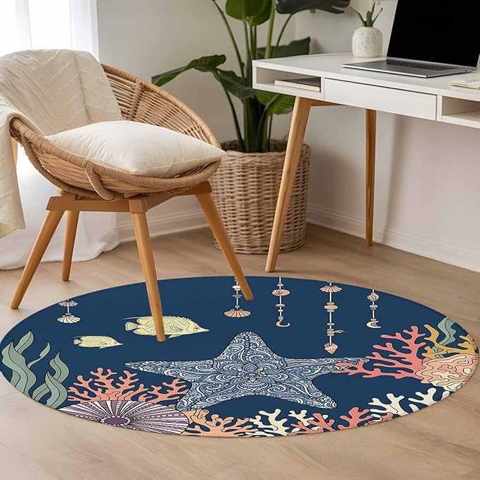 Washable Round Area Rug Ocean Starfish Coral Fish Circle Rugs Floor Carpet for Living Room Bedroom, Underwater Creature on Navy Blue Soft Non Slip Round Rug 3ft