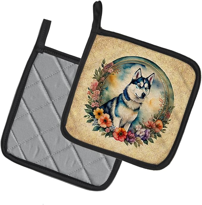Caroline's Treasures Siberian Husky and Flowers Pair of Pot Holders Kitchen Heat Resistant Pot Holders Sets Oven Hot Pads for Cooking Baking BBQ, 7 1/2 x 7 1/2