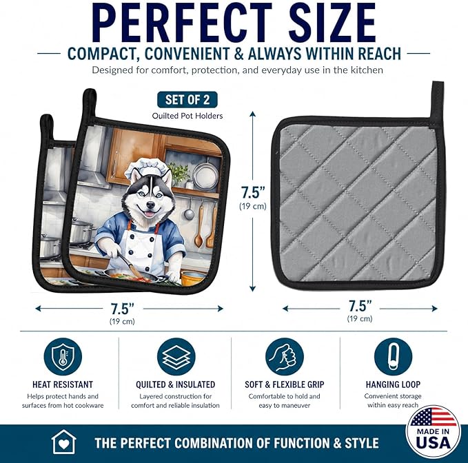 Caroline's Treasures Siberian Husky The Chef Pair of Pot Holders Kitchen Heat Resistant Pot Holders Sets Oven Hot Pads for Cooking Baking BBQ, 7 1/2 x 7 1/2