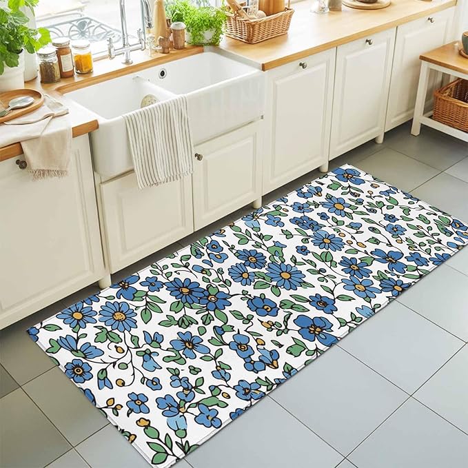 Runner Rug for Bedroom Hallway, Blue Tiny Flowers Green Leaves Kitchen Runner Rugs Area Rug 2x6ft, Farmhouse Botanical Washable Soft Floor Carpet for Entryway Stair