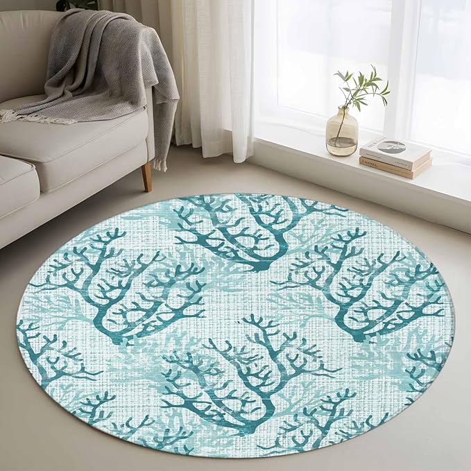 Washable Round Area Rug Coastal Sea Coral Retro Linen Circle Rugs Floor Carpet for Living Room Bedroom, Underwater Ocean Life Soft Non Slip Round Rug 3ft