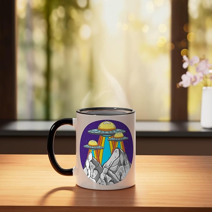 UFO Mountains Retro Spaceship Alien ET Space Galaxy Gift Ceramic Mug, Black/White
