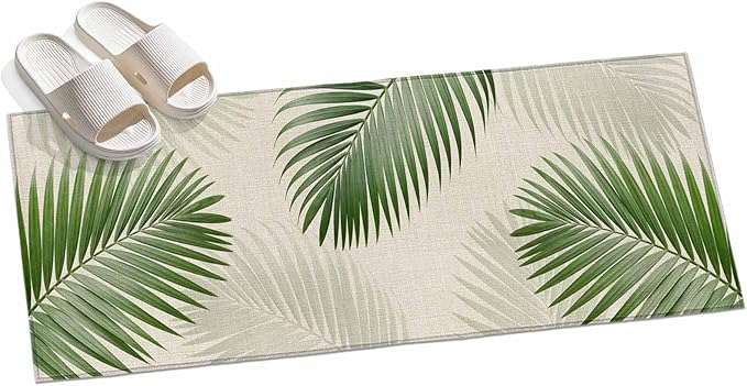 Runner Rug for Bedroom Hallway, Rustic Sage Green Palm Leaves on Linen Kitchen Runner Rugs Area Rug 2x6ft, Summer Plants Washable Soft Floor Carpet for Entryway Stair