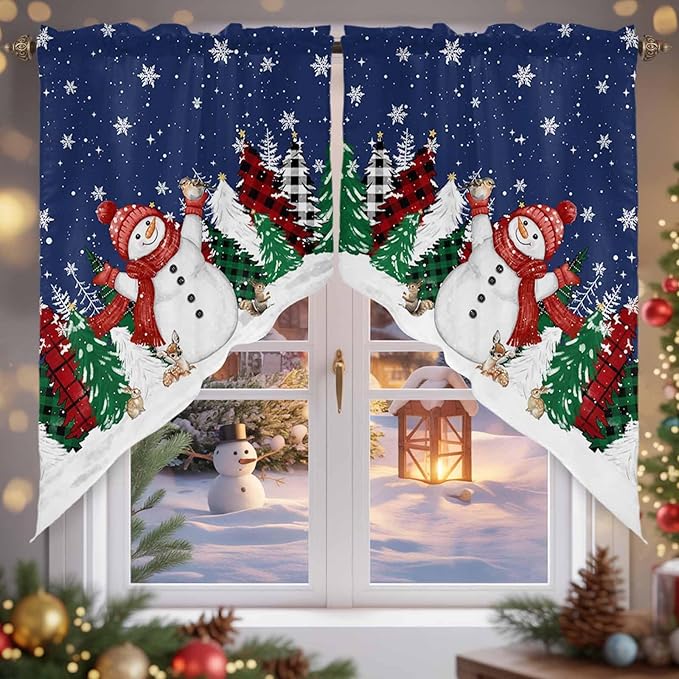Christmas Snowman Swag Valance Curains Winter Xmas Tree Snowflakes Deep Blue Bottom Rod Pocket Kitchen Curtains Scalloped Window Treatment Valances Swag for Living Room Bedroom, 1 Pair, 36"W x 45"L
