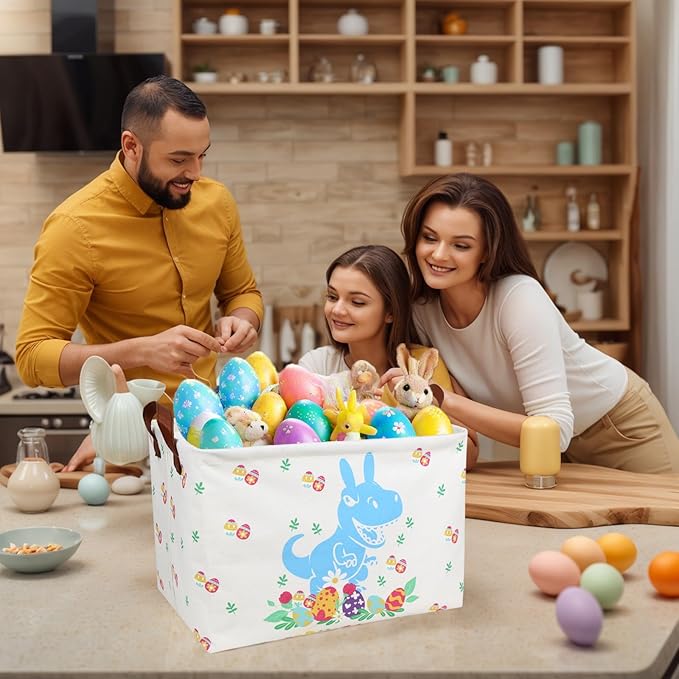 Large Rectangular Cute Kid Easter Basket Empty Bunny Eggs Easter Basket Gift Spring Room Storage Organizer Décor (Blue Dinosaur Easter Egg)