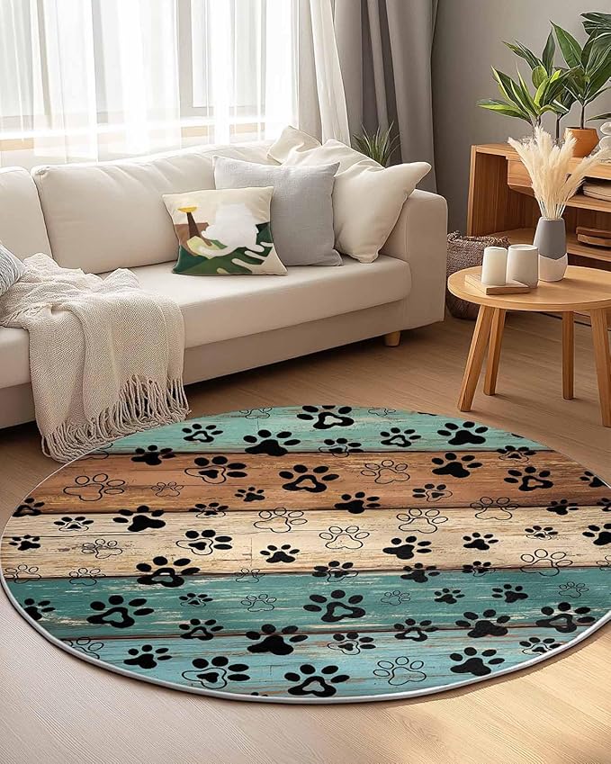 Round Area Rug,Dog Paw Farm Brown Wood Board Circle Living Room Rug Non-Slip Rugs Indoor Carpet,Animal Footprint Retro Wooden Soft Comfort Rugs for Bedroom KidsRoom Nursery