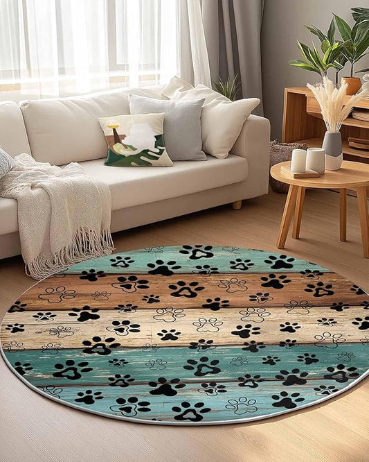 Round Area Rug,Dog Paw Farm Brown Wood Board Circle Living Room Rug Non-Slip Rugs Indoor Carpet,Animal Footprint Retro Wooden Soft Comfort Rugs for Bedroom KidsRoom Nursery