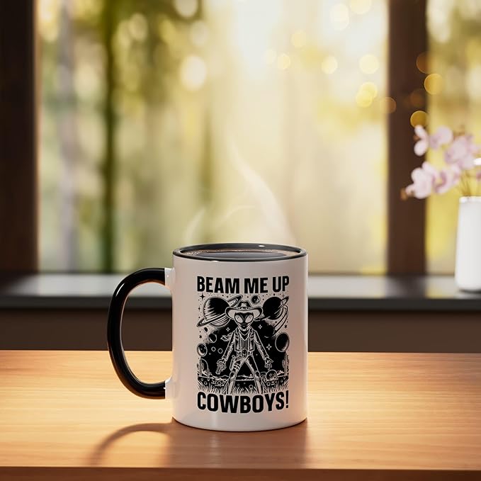 Alien Lover Flying Saucer UFO Extraterrestrial Cowboy Ceramic Mug, Black/White