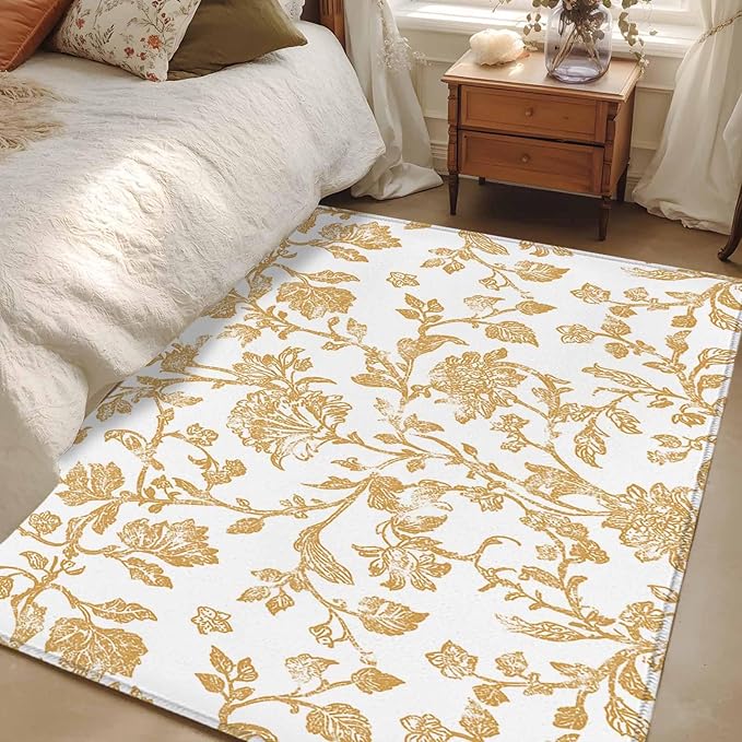 Area Rug 4x6ft, Vintage Farmhouse Flowers Pattern Washable Rugs for Living Room Bedroom, Yellow Floral Art Soft Non-Slip Area Rugs Rectangle Floor Carpet for Dining Room