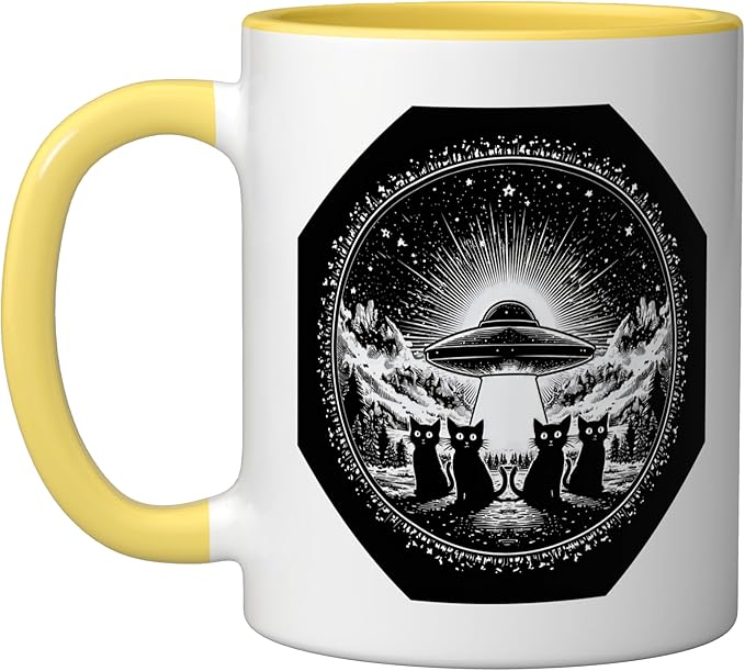 Retro UFO Cats Vintage Sci Fi Space Stary Sky Design Ceramic Mug, Yellow/White