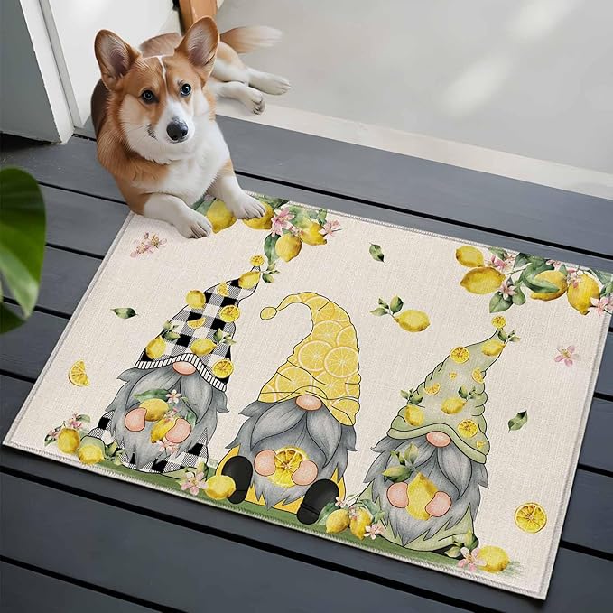Area Rug 2x3ft, Summer Gnome with Lemon Washable Rugs for Living Room Bedroom, Farmhouse Dwarf Fruit on Linen Soft Non-Slip Area Rugs Rectangle Floor Carpet for Dining Room