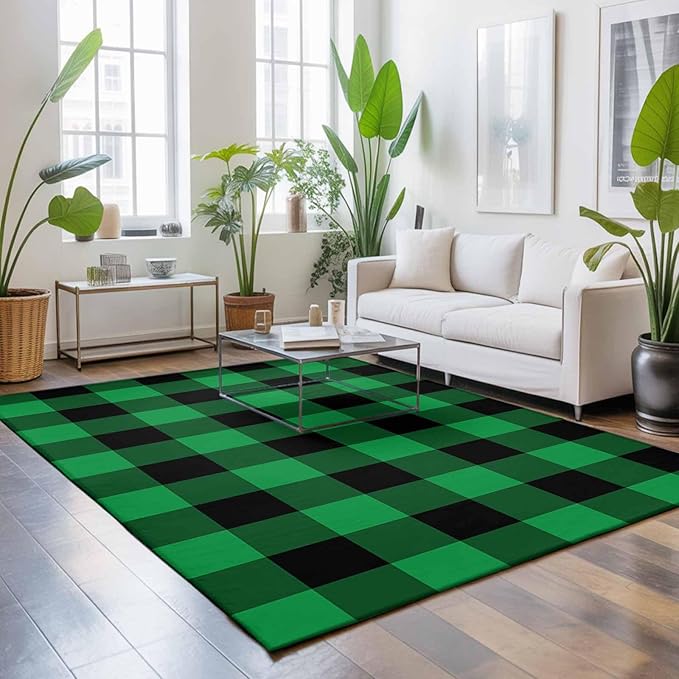 Area Rug 3x5ft, St. Patrick's Day Lucky Green Black Plaid Washable Rugs for Living Room Bedroom, Buffalo Lattice Soft Non-Slip Area Rugs Rectangle Floor Carpet for Dining Room