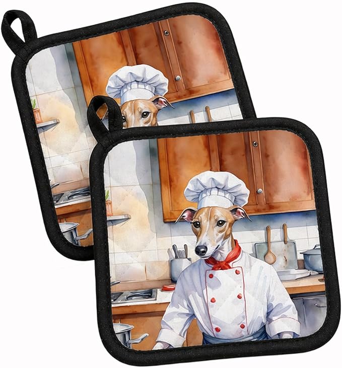 Caroline's Treasures Whippet The Chef Pair of Pot Holders Kitchen Heat Resistant Pot Holders Sets Oven Hot Pads for Cooking Baking BBQ, 7 1/2 x 7 1/2