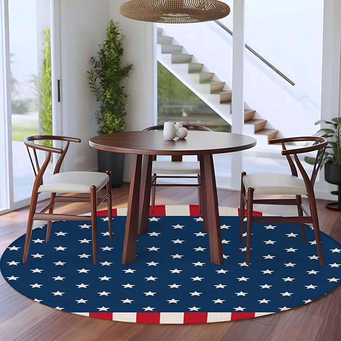 Washable Round Area Rug American Independence Day Circle Rugs Floor Carpet for Living Room Bedroom, USA Stars on Blue Red White Border Soft Non Slip Round Rug 5ft