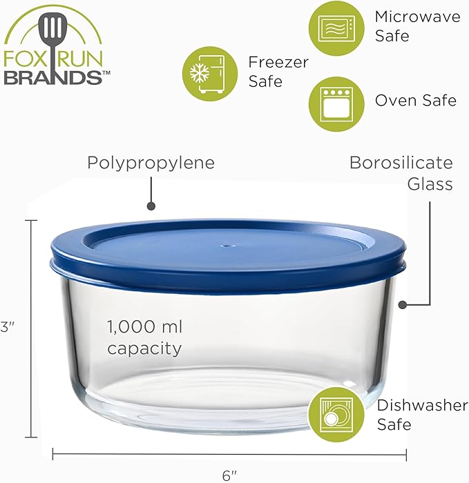 Fox Run Glass Yogurt Containers with Lids, Set of 2 Glass Bowls for Yogurt, Salads and Leftovers, 1 Quart Capacity Each