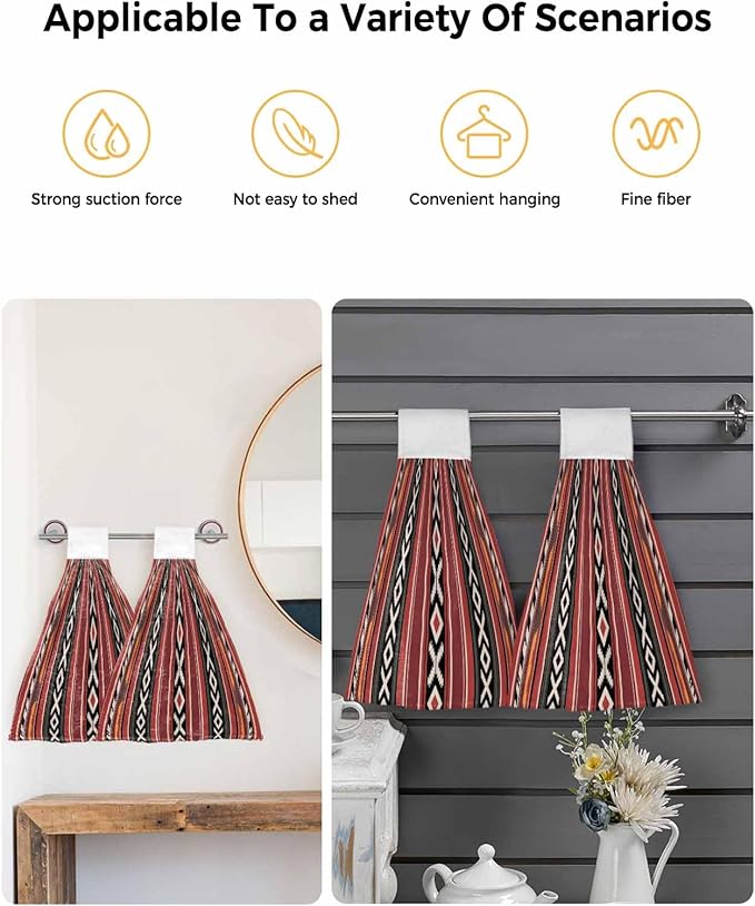 Alandar Home Kitchen Tie Towel Set of 2, Abstract Geometric Style Absorbent Soft Hand Towels for Bathroom Hanging Towels, Red Boho Ethnic Tribal Style Fast Drying Cleaning Cloth with Loop