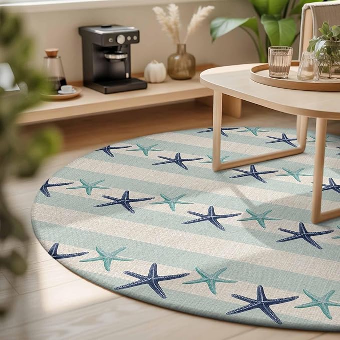 Washable Round Area Rug Summer Ocean Blue Teal Starfish Circle Rugs Floor Carpet for Living Room Bedroom, Sea Star on Farmhouse Linen Soft Non Slip Round Rug 3ft