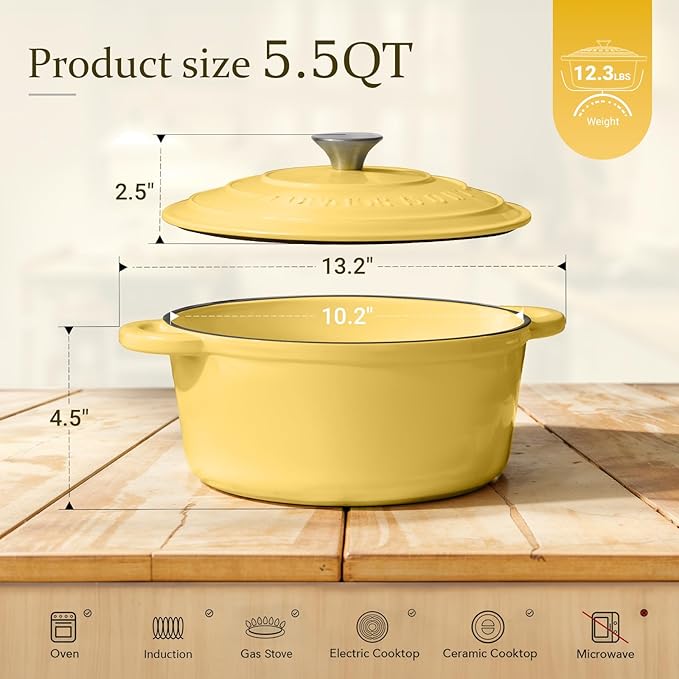 Overmont Enameled Cast Iron Dutch Oven - 5.5QT Pot with Lid Cookbook & Cotton Potholders - Heavy-Duty Cookware for Braising, Stews, Roasting, Sourdough Baking Goose Yellow