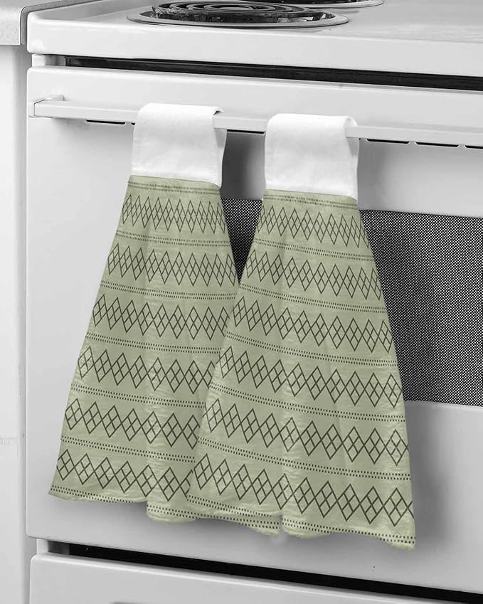 Alandar Home Kitchen Tie Towel Set of 2, Modern Sage Green Black Check Absorbent Soft Hand Towels for Bathroom Hanging Towels, Dotted Line Geometric Art Fast Drying Cleaning Cloth with Loop