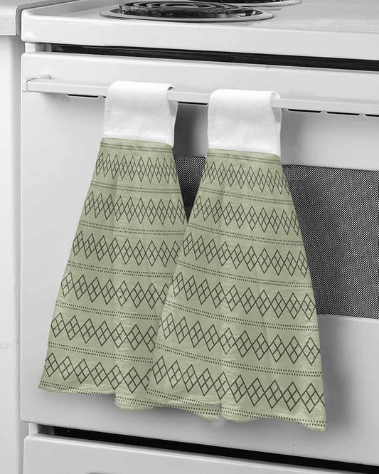 Alandar Home Kitchen Tie Towel Set of 2, Modern Sage Green Black Check Absorbent Soft Hand Towels for Bathroom Hanging Towels, Dotted Line Geometric Art Fast Drying Cleaning Cloth with Loop