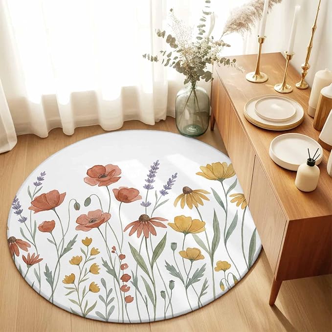 Washable Round Area Rug Watercolor Daisies Lavender Circle Rugs Floor Carpet for Living Room Bedroom, Country Floral Art Soft Non Slip Round Rug 3ft