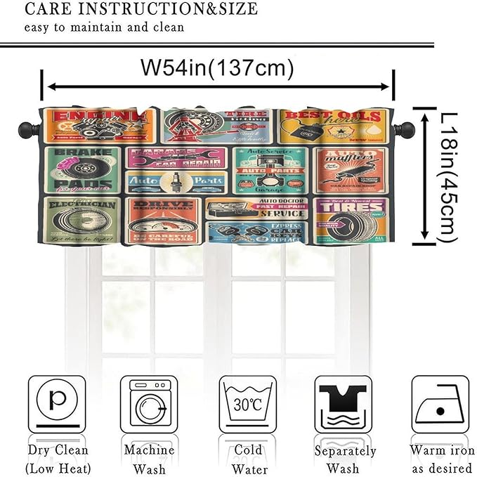 Retro Valance Curtain Car Service and Auto Center Vintage Signboard Windows Short Curtains Valances for Kitchen Living Room Bathroom Bedroom Farmhouse Decor with Rod Pocket, One Panel 54X18 Inches