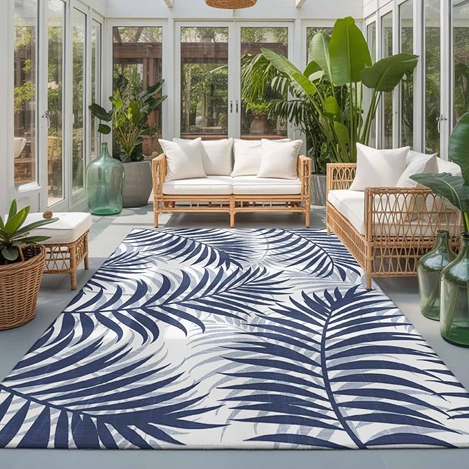 Area Rug 3x5ft, Abstract Navy Blue Palms Leaves Washable Rugs for Living Room Bedroom, Summer Botantical Soft Non-Slip Area Rugs Rectangle Floor Carpet for Dining Room