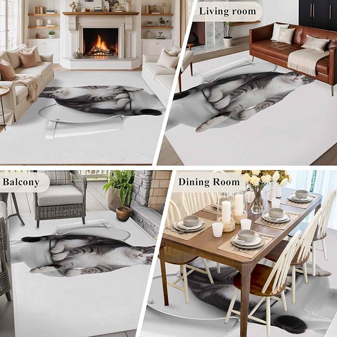 Area Rug 6x9ft, Cute Funny Cat on The Toilet Washable Rugs for Living Room Bedroom, Animal Grey Art Soft Non-Slip Area Rugs Rectangle Floor Carpet for Dining Room