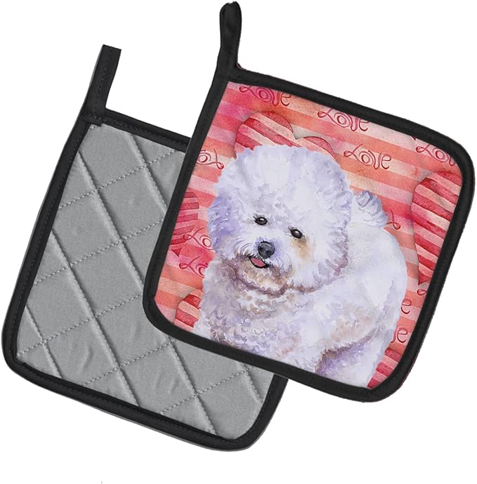 Caroline's Treasures BB9735PTHD Bichon Frise Love Pair of Pot Holders, Red Kitchen Heat Resistant Pot Holders Sets Oven Hot Pads for Cooking Baking BBQ, 7 1/2 x 7 1/2