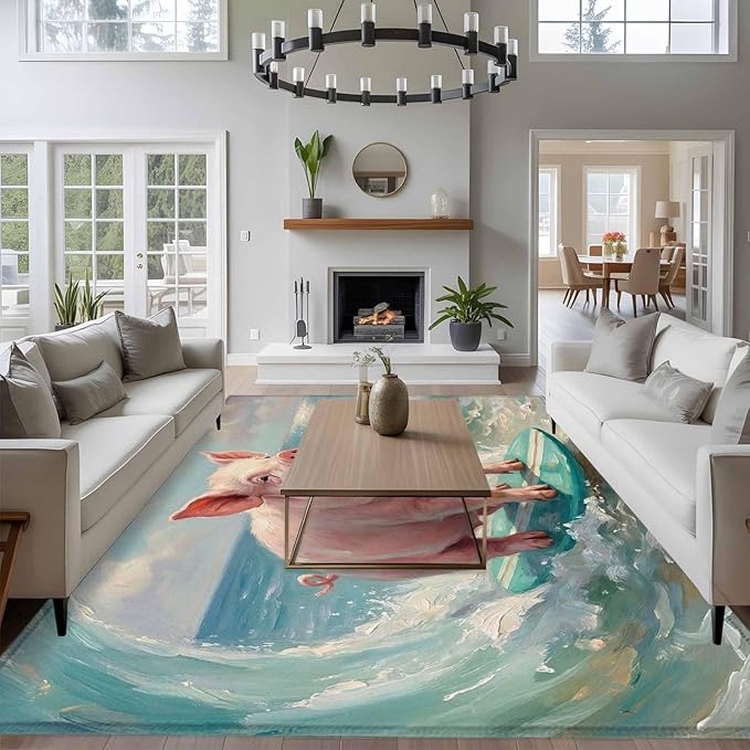 Area Rug 6x9ft, Surfing Farm Pink Pig Washable Rugs for Living Room Bedroom, Summer Blue Sea Wave Beach Soft Non-Slip Area Rugs Rectangle Floor Carpet for Dining Room