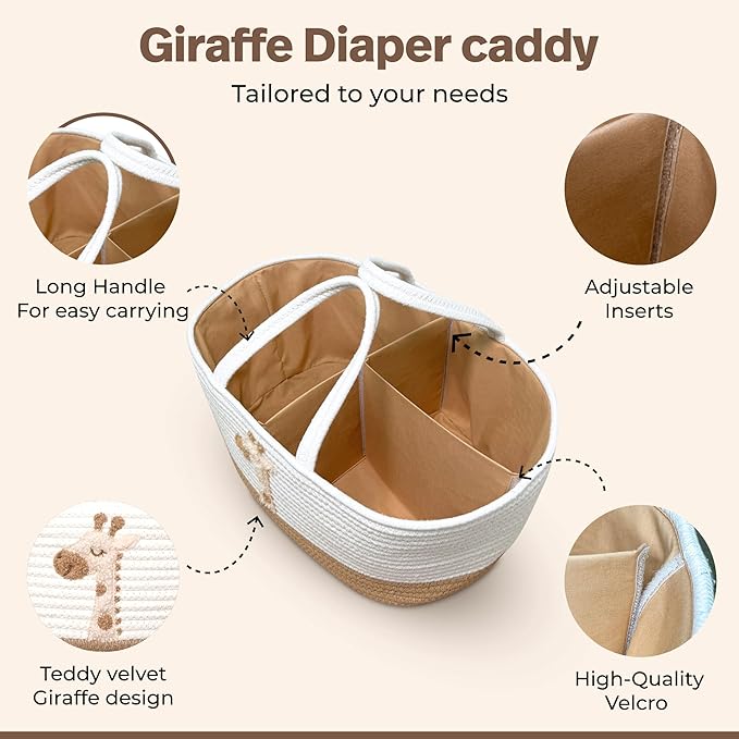 Giraffe Diaper Caddy Organizer for Baby Cotton Rope Nursery Storage Basket 17"x10.5"x7" with Removable Dividers Portable Changing Table Organizer, Car Caddy, Baby Shower Basket